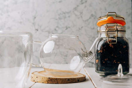 Breakfast set with tea close-upの写真素材