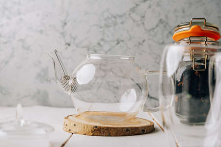 Breakfast set with tea close-upの写真素材