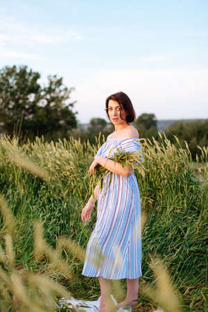 Beautiful young woman in summer in a wheat field 1の写真素材