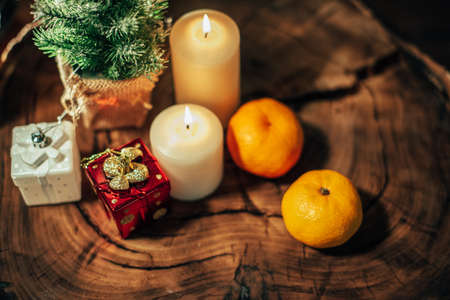 Christmas decor with candles and giftsの写真素材