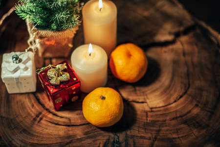 Christmas decor with candles and giftsの写真素材