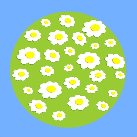 Daisy wheel flowers on globe. A vector illustration on a blue background.のイラスト素材