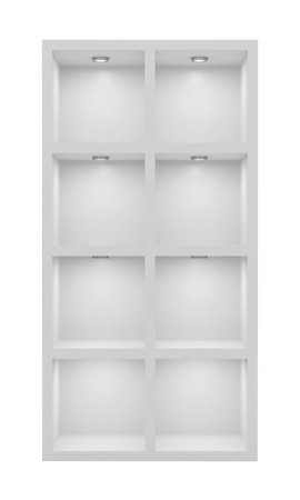 Empty white rack with illumination of shelvesの写真素材