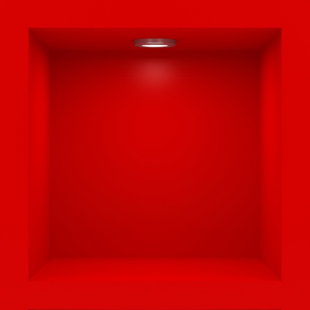 Empty red rack with illumination of shelvesの写真素材
