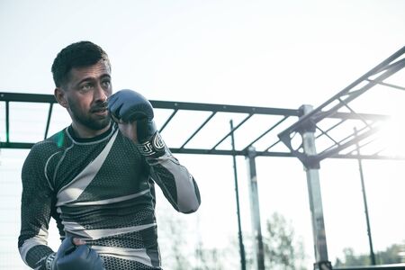 Calm sportsman practicing boxing stances and looking seriousの写真素材