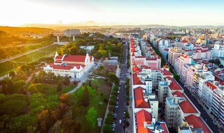 Lisbon Portugal view Pavilion Carlos Lopes and park, district bairo do rego residential buildings, sunsetの写真素材