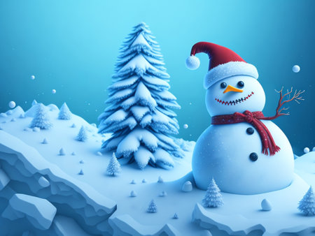 3d render of christmas snowman in winter landscape with fir treeの素材