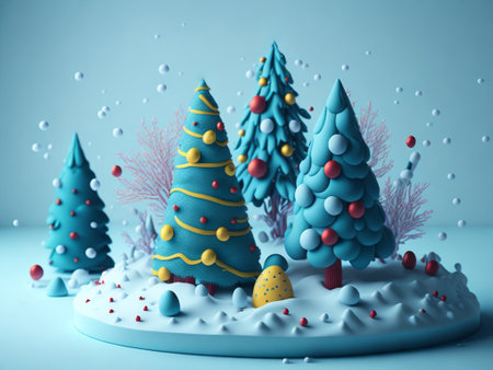 Christmas tree with snow and snowflakes. 3d illustration.の素材