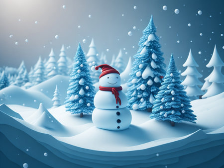 Snowman in winter forest. Christmas and New Year concept. 3D Renderingの素材