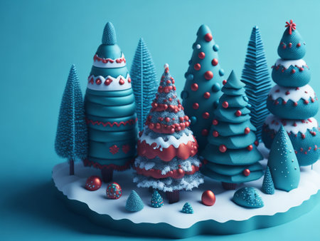 Christmas tree made of paper on blue background, 3d illustration.の素材