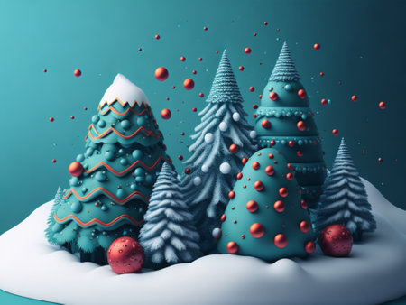 Christmas trees in the snow with baubles, 3d illustrationの素材