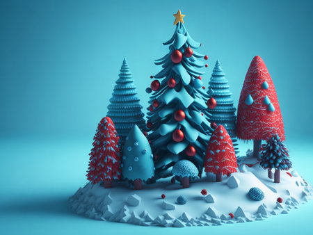 Christmas tree made of paper, 3d render, blue tonedの素材