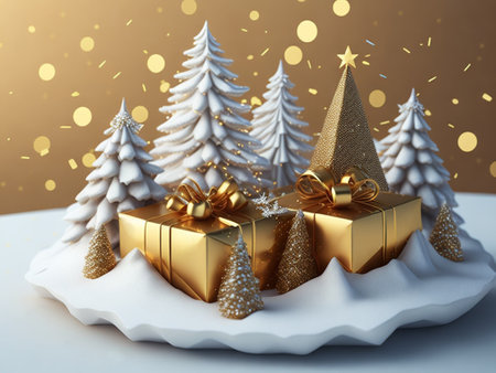3d render of christmas tree with gift box in the snowの素材