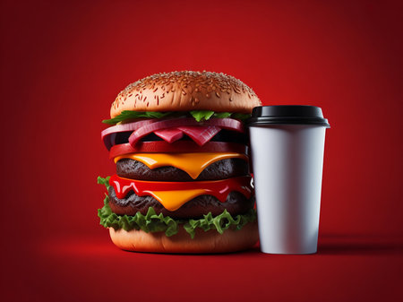 Hamburger with a paper cup on a red background. 3d renderingの素材