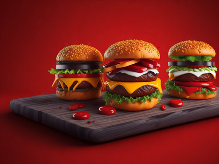 Three hamburgers on a wooden cutting board on a red backgroundの素材