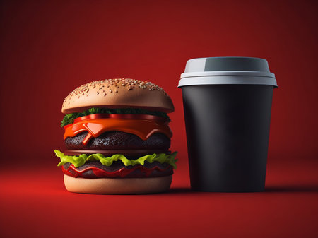 Hamburger and coffee on a red background. 3d renderingの素材