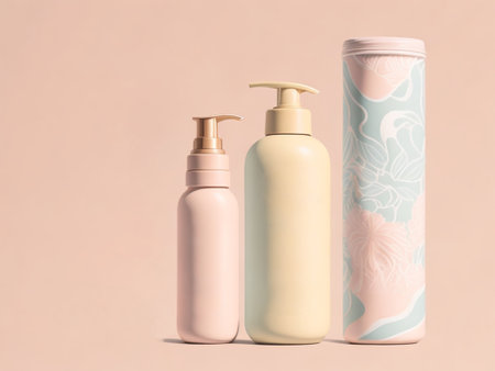 Set of cosmetic bottles with blank label on pastel pink background.の素材