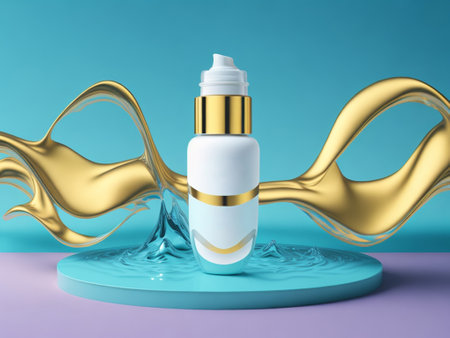 3d render of cosmetic bottle on turquoise background with gold splashの素材