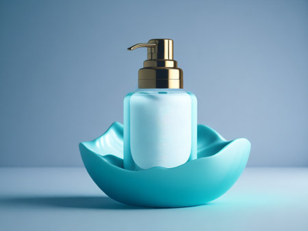 Mockup of cosmetic bottle on blue background. 3d renderingの素材