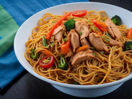 chinese noodle with chicken and vegetables on a black background.の素材