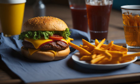 Cheese burger - American cheese burger with Golden French fries on wooden backgroundの素材