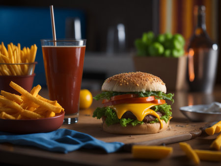 Cheese burger - American cheese burger with Golden French fries and tomato juiceの素材