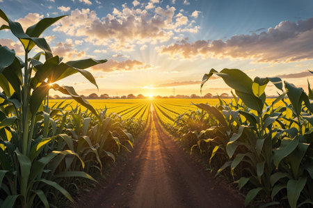 Sunset over a corn field with a path leading to the horizonの素材