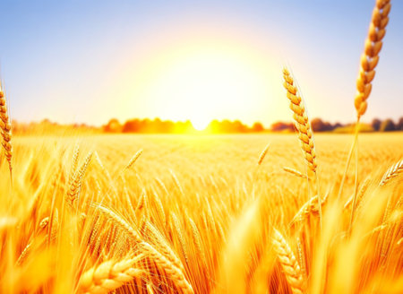 Wheat field. Ears of golden wheat close up. Rich harvest Concept.の素材