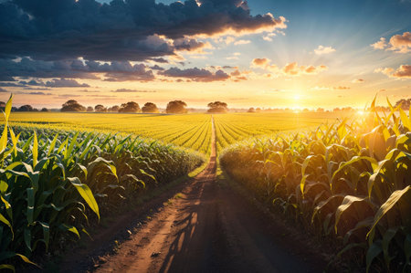 Sunset over corn field in summer. Agricultural landscape with sunbeams.の素材