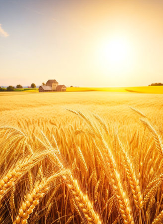 Wheat field at sunset. Beautiful landscape with ears of wheat.の素材