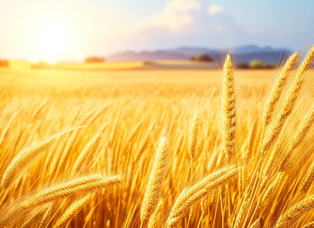Golden wheat field and blue sky in the background. Shallow depth of field.の素材