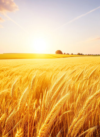 Wheat field at sunset. Beautiful landscape with ears of golden wheat.の素材