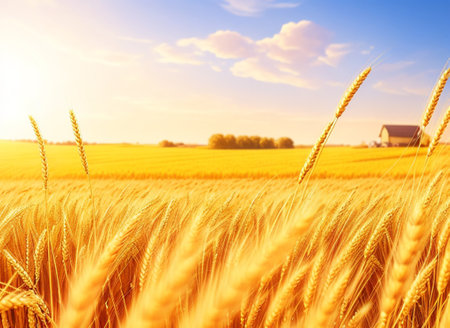 Wheat field. Ears of golden wheat close-up. Rich harvest Concept.の素材