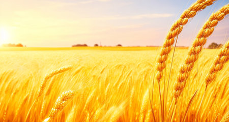 Wheat field. Ears of golden wheat close up. Rich harvest Concept.の素材