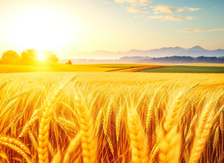 Sunset over wheat field with mountains in the background. Nature composition.の素材