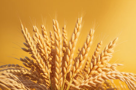 Ears of wheat on a yellow background. Shallow depth of field.の素材