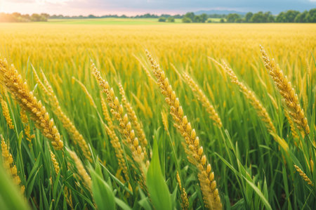Ripe ears of wheat on the field. Close-up.の素材