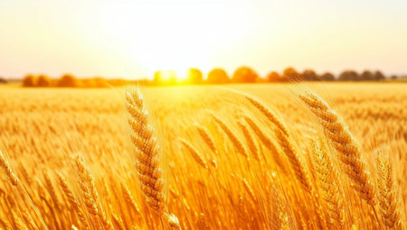 Golden wheat field at sunset or sunrise. Beautiful Nature Landscape.の素材