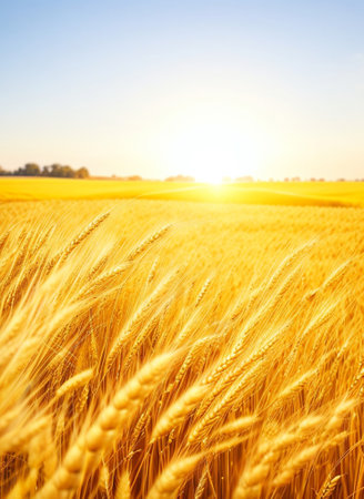 Wheat field. Ears of golden wheat close-up. Rich harvest Concept.の素材