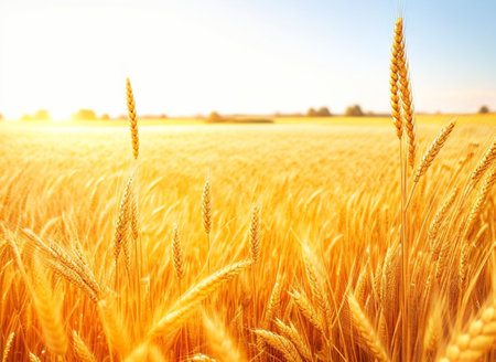 Golden ears of wheat in the field at sunset. Beautiful nature background.の素材
