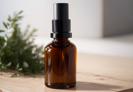 Mockup of brown glass dropper bottle with black cap.の素材