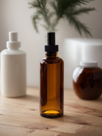 Essential oil in a brown glass bottle on a wooden table.の素材