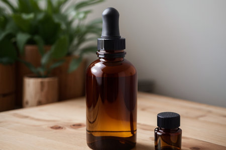 Mockup of brown glass dropper bottle with pipette on wooden tableの素材