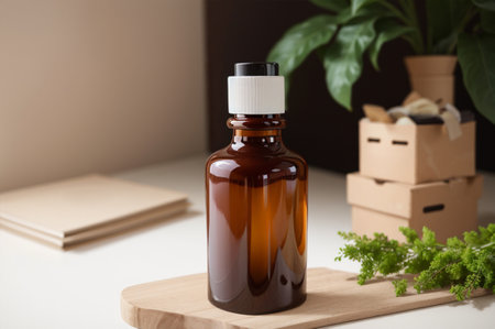Bottle of essential oil on table against blurred background, closeupの素材