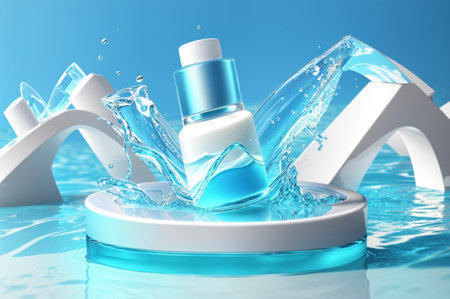 Cosmetic product in water splash on blue background. 3d illustrationの素材