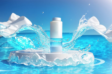 White cosmetic bottle with splash on blue water background. 3d illustrationの素材
