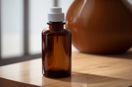 Essential oil in brown glass bottle on wooden table, closeupの素材