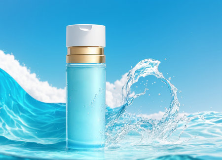 cosmetic bottle with splash on blue water background. 3d renderingの素材