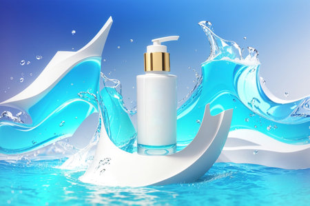 3d render of cosmetic bottle on blue water splash background with wavesの素材