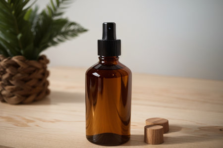 Amber glass dropper bottle with pipette on wooden background. Cosmetic conceptの素材